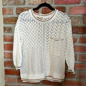 Democracy Pointelle Tipped Sweater, White, Small, New/No Tags